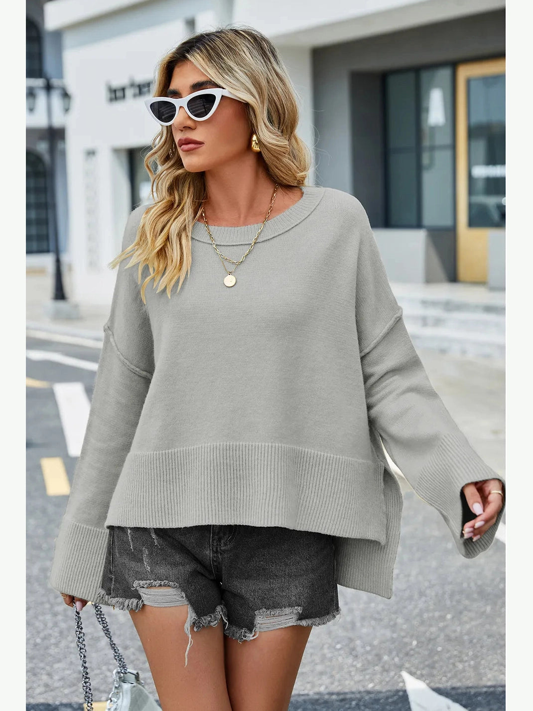 High-Low Slit Round Neck Long Sleeve Sweater nicholesgifts