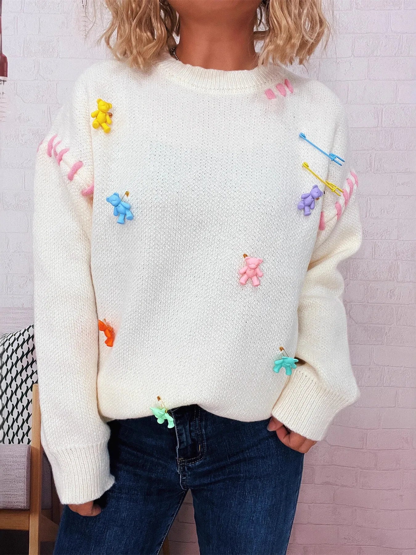 Bear Decoration Round Neck Sweater