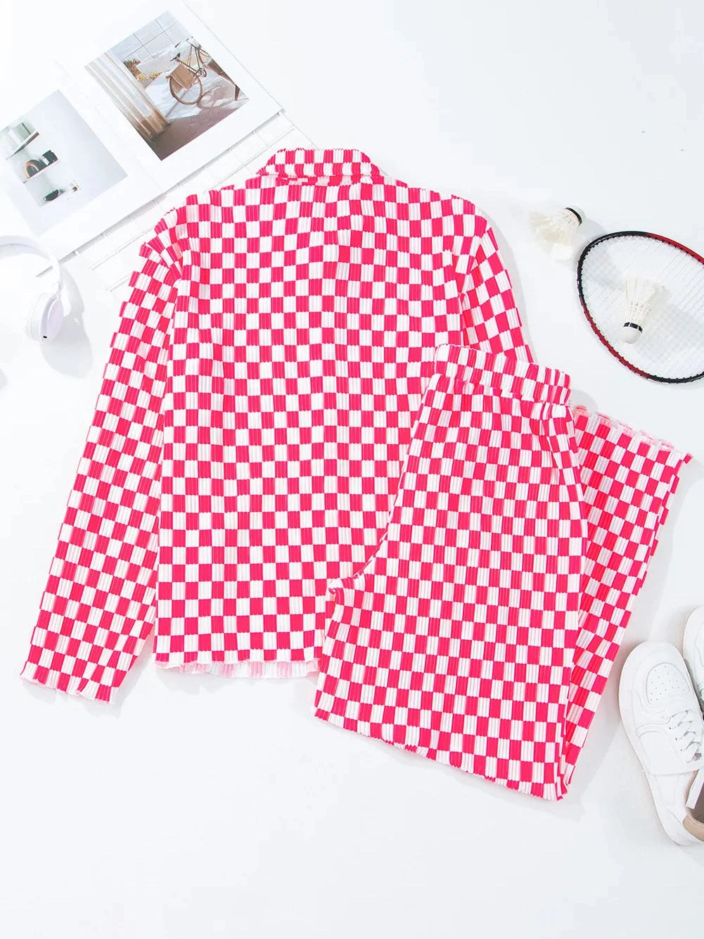 Checkered Button Up Top and Pants Lounge Set nicholesgifts