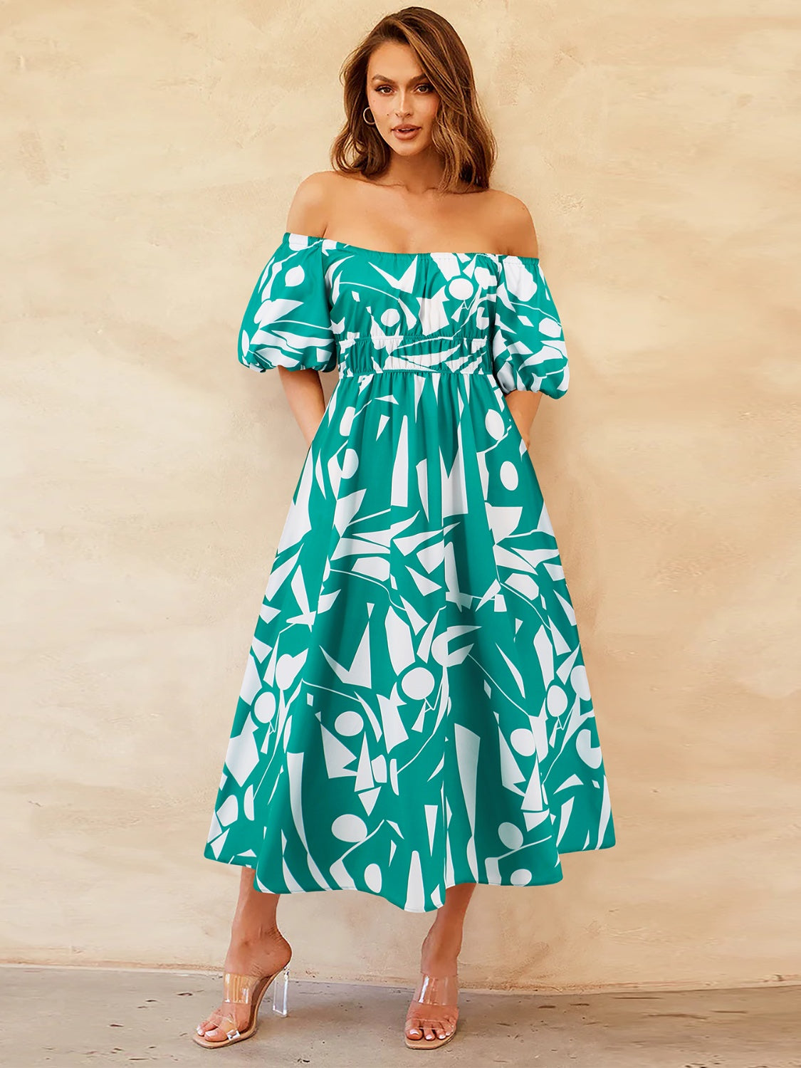 Printed Off-Shoulder Balloon Sleeve Dress nicholesgifts