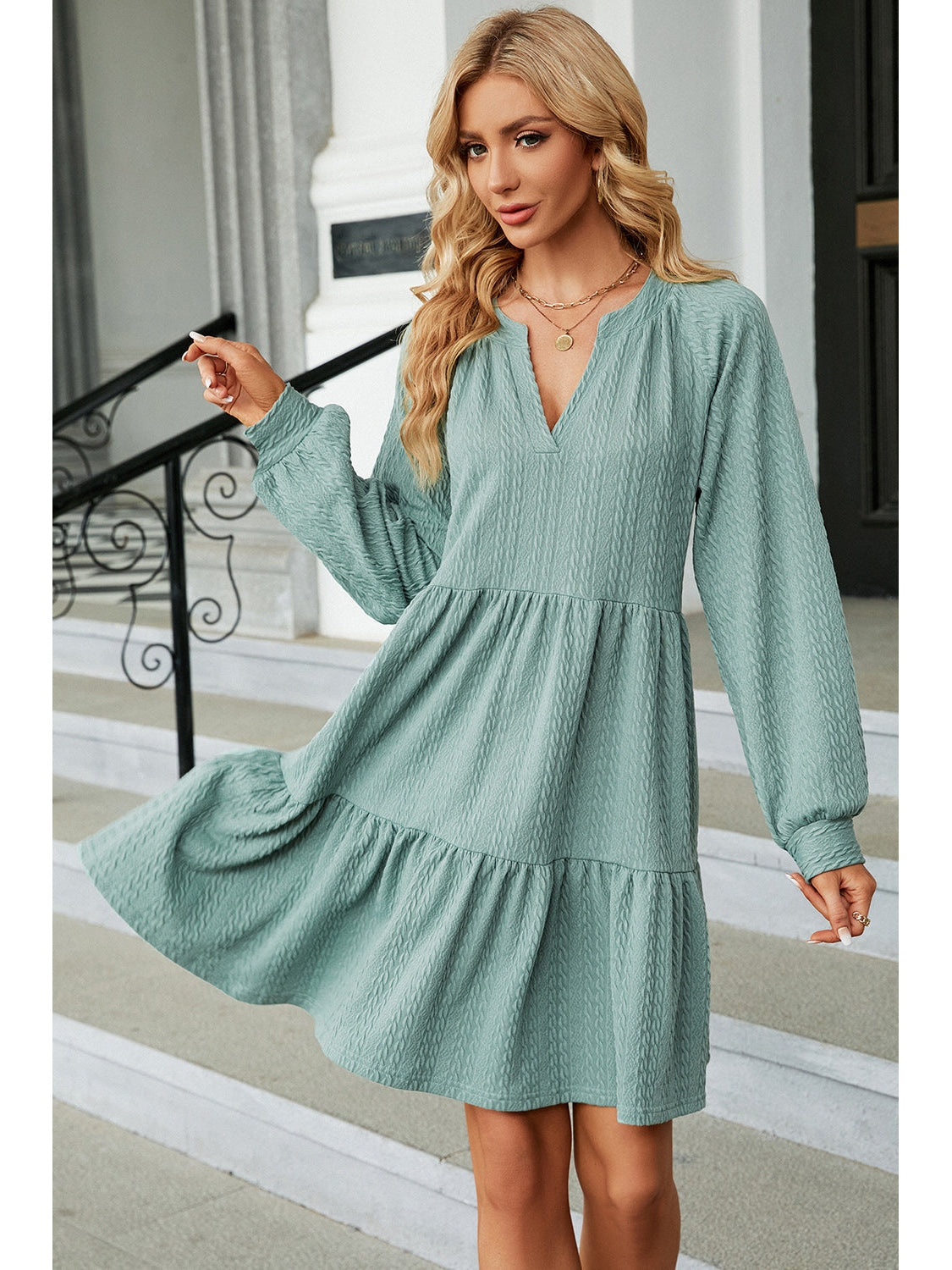 Ruched Notched Long Sleeve Mini Dress nicholesgifts