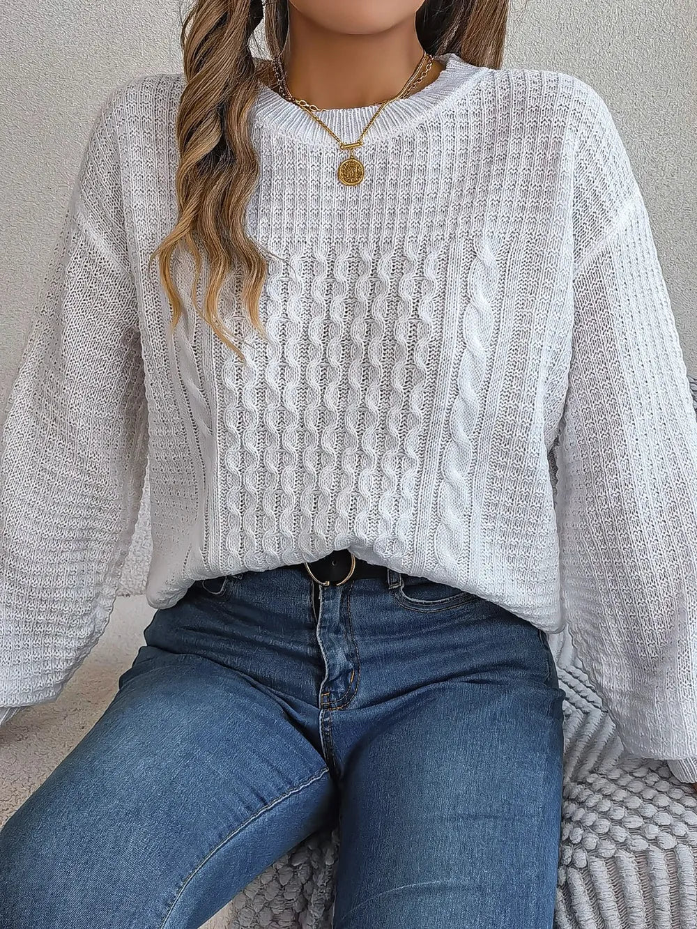 Cable-Knit Round Neck Long Sleeve Sweater Trendsi