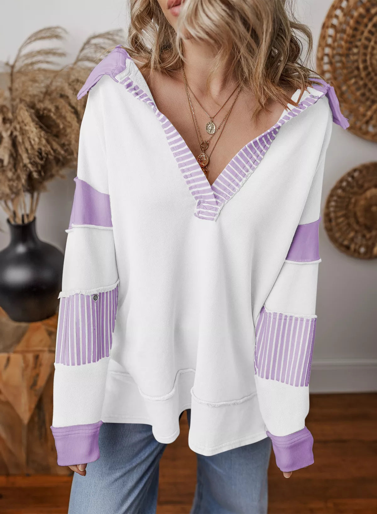 Color Block Striped Johnny Collar Sweatshirt nicholesgifts