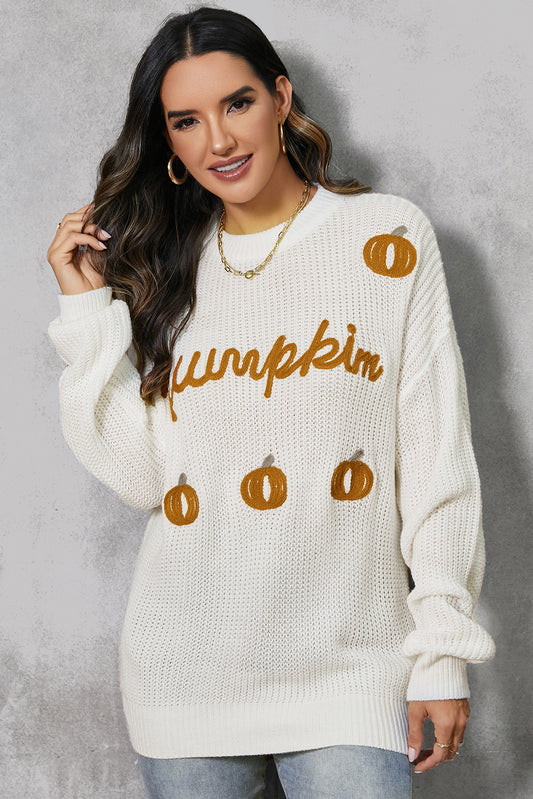 Pumpkin Embroidery Long Sleeve Sweater NicholesGifts