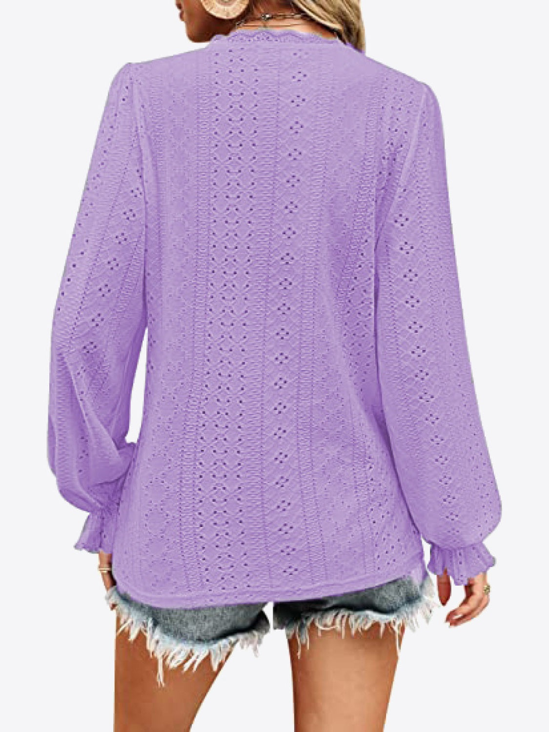 Eyelet V-Neck Flounce Sleeve Blouse