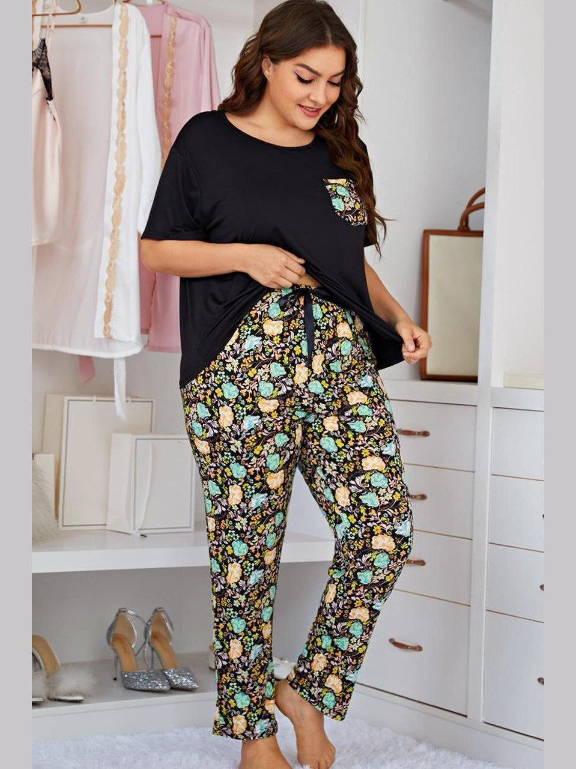 Plus Size Contrast Round Neck Tee and Floral Pants Lounge Set nicholesgifts