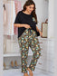 Plus Size Contrast Round Neck Tee and Floral Pants Lounge Set nicholesgifts
