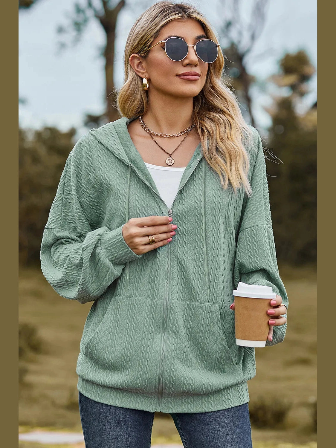 Drawstring Zip Up Dropped Shoulder Hoodie nicholesgifts