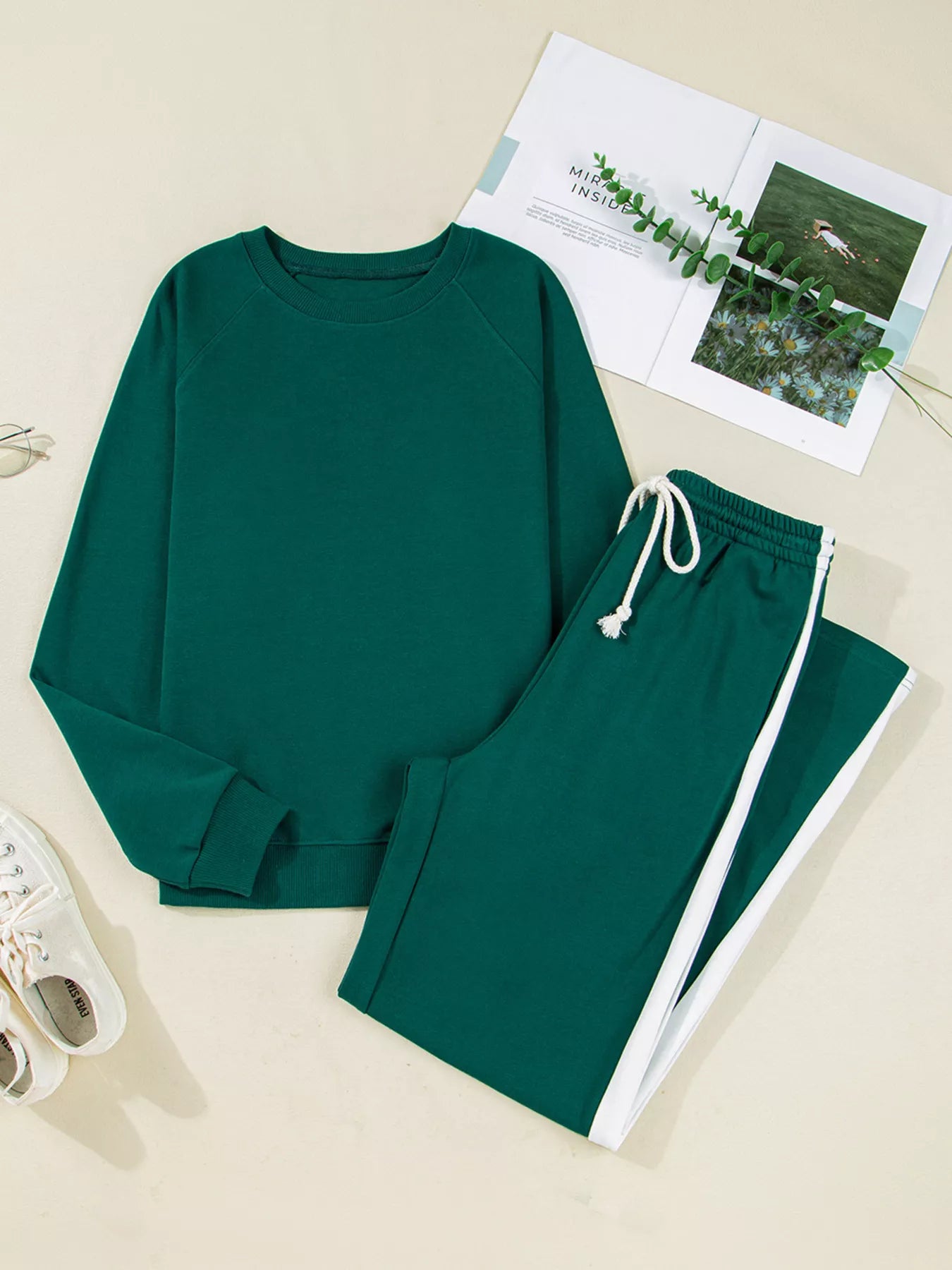 Round Neck Top and Stripe Detail Drawstring Pants Set nicholesgifts