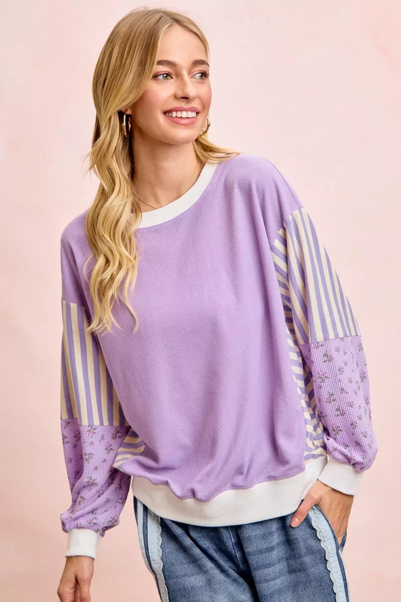 BiBi Mix and Match Sweatshirt with Floral Sleeve Striped Trendsi