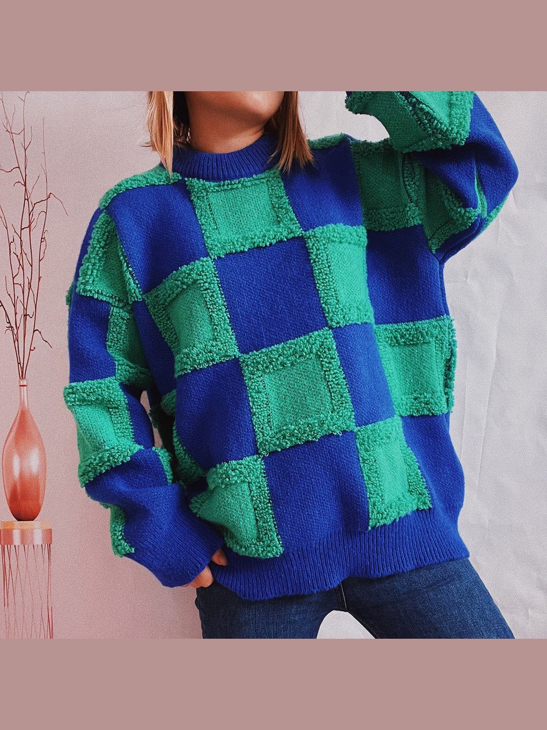 Checkered Round Neck Long Sleeve Sweater Trendsi