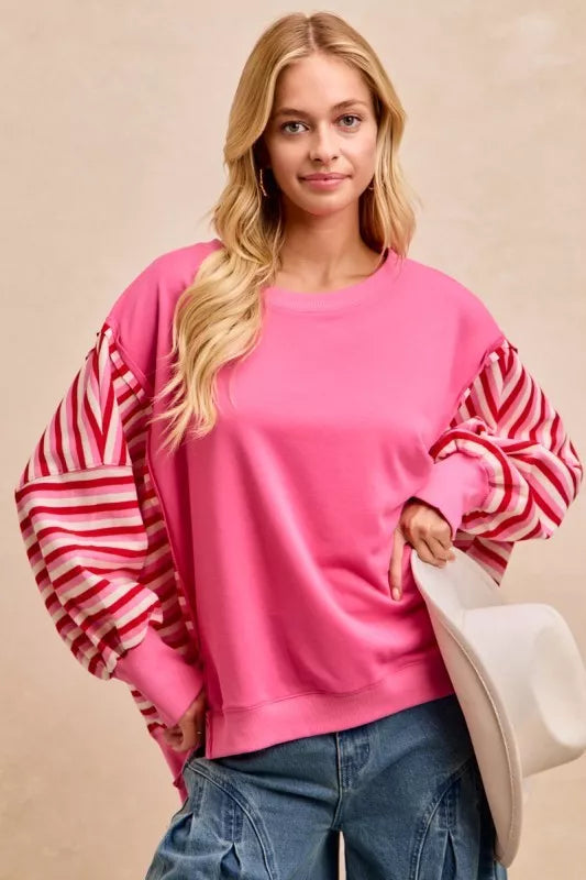 BiBi French Terry Stripe Combo Sweatshirt with Open Seam Trendsi