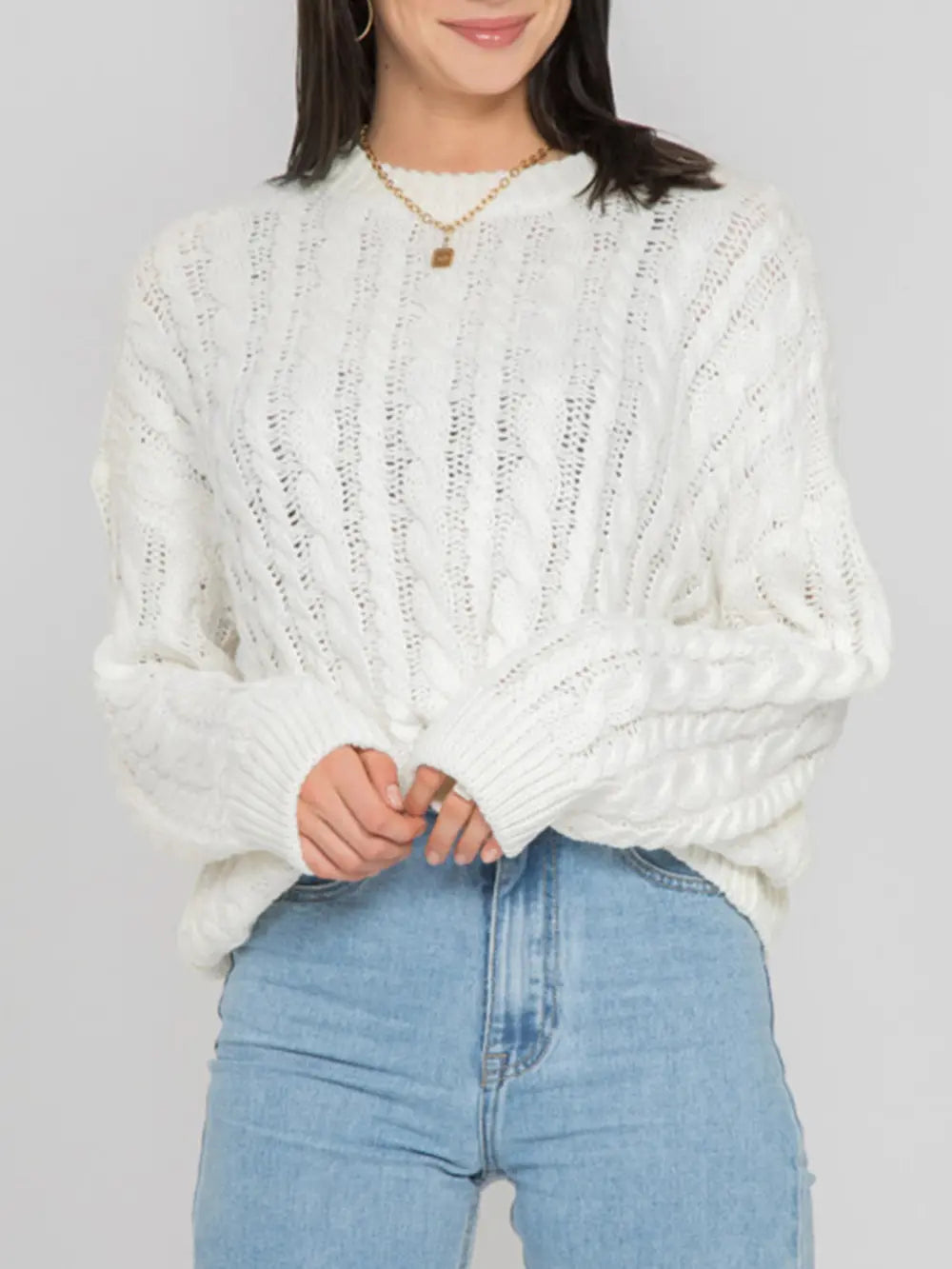 Openwork Round Sleeve Cable-Knit Sweater Trendsi