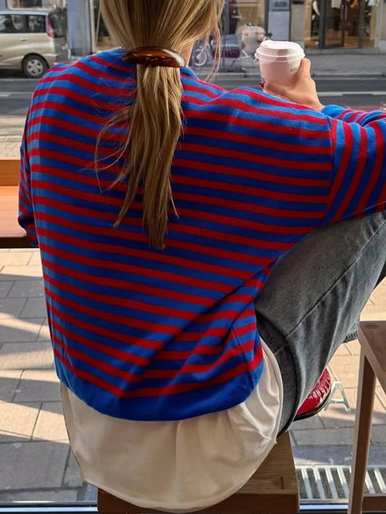 Striped Round Neck Long Sleeve Sweater Trendsi