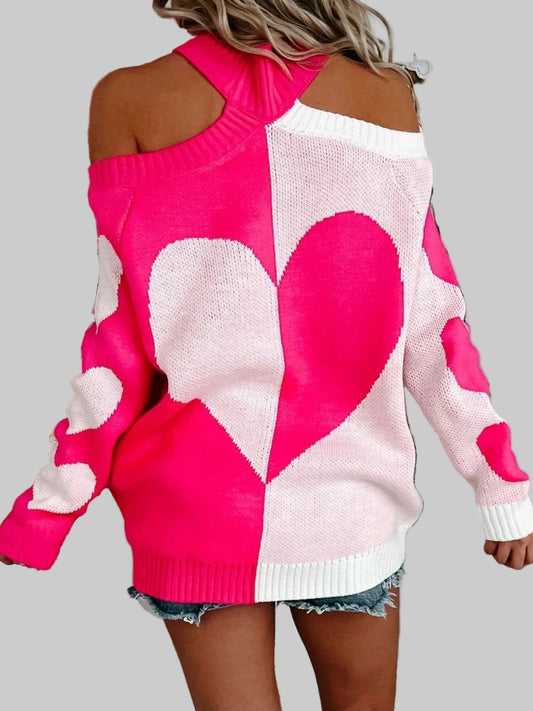 Women Valentine's Day Heart Turtleneck Cold Shoulder Sweater nicholesgifts