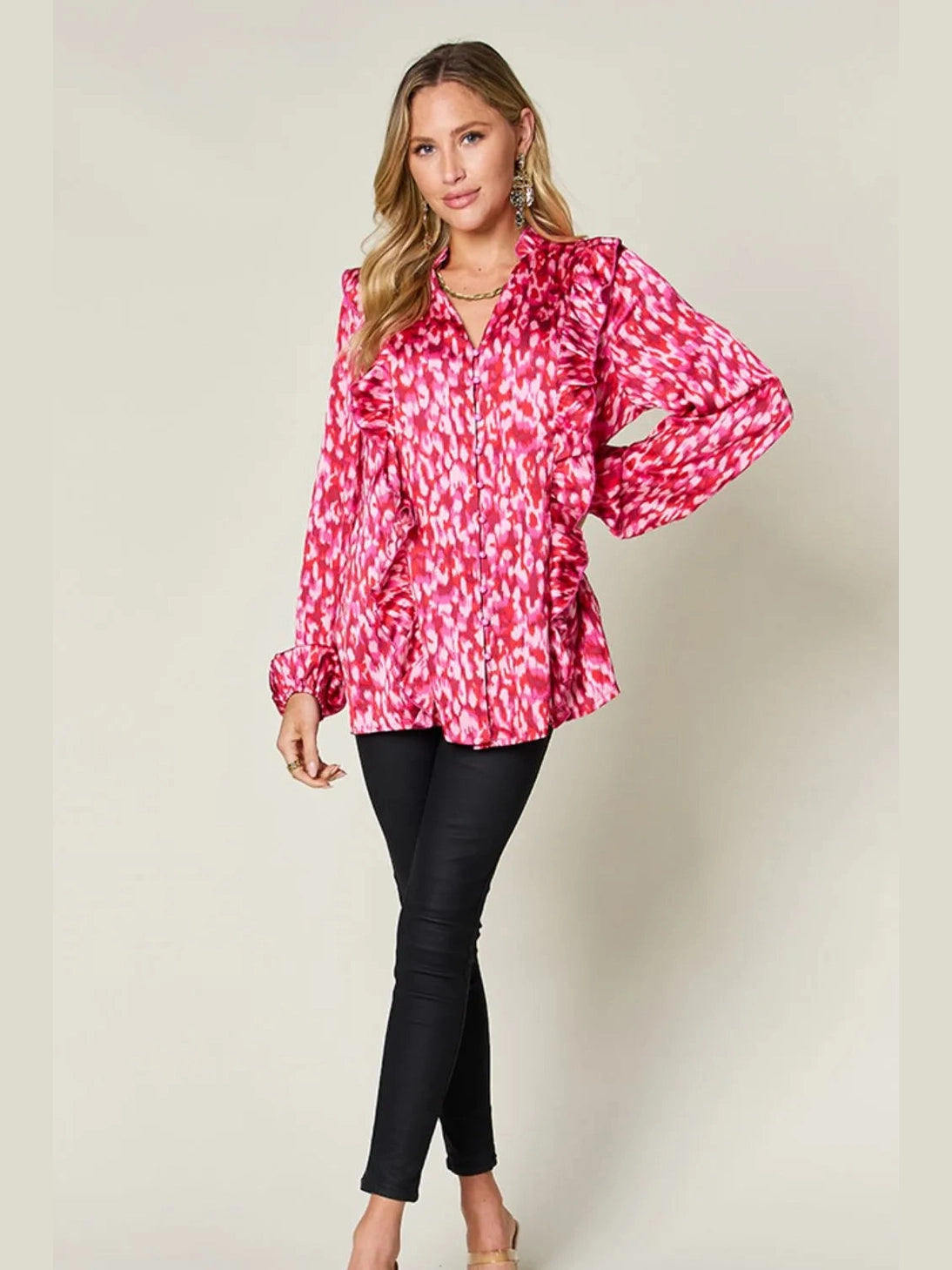 Double Take Full Size Printed Ruffle Trim Balloon Sleeve Shirt nicholesgifts