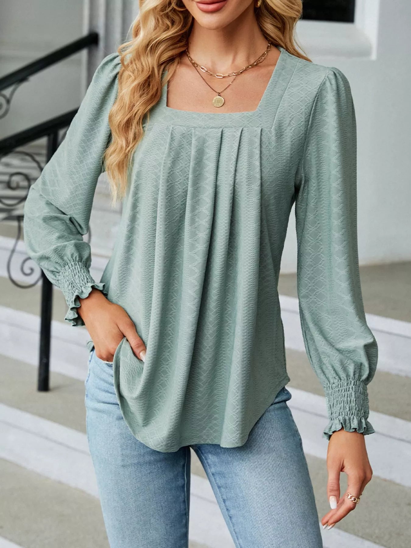 Pleated Square Neck Long Sleeve Top Trendsi