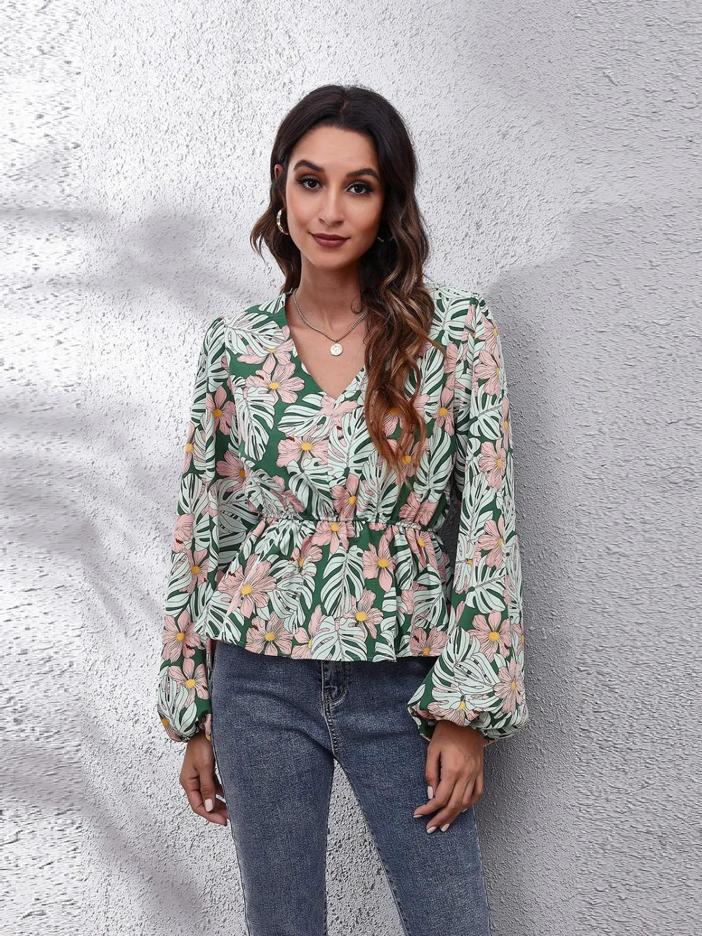 Floral V-Neck Balloon Sleeve Peplum Blouse nicholesgifts