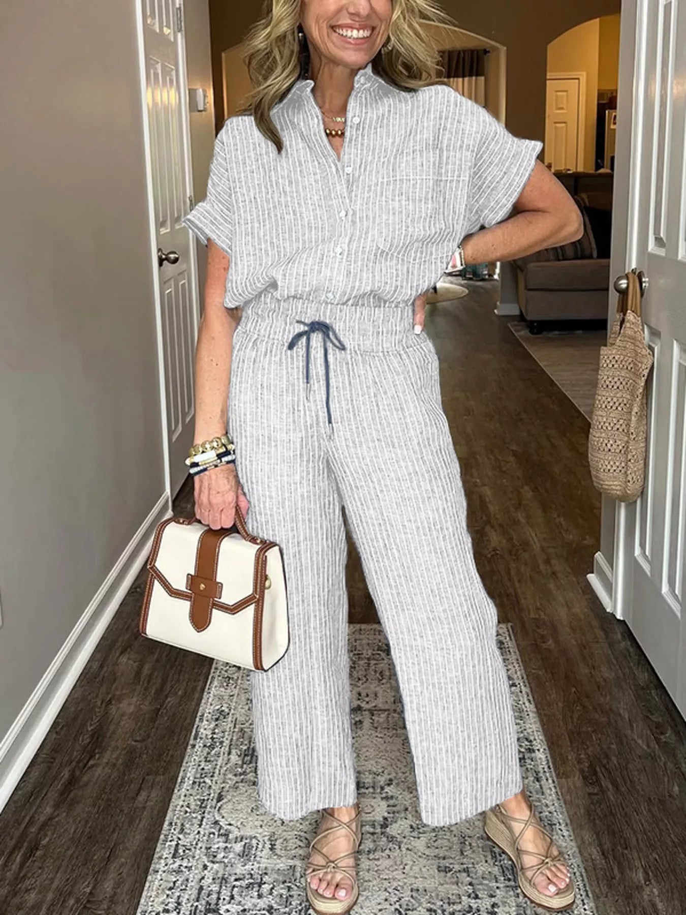 Full Size Striped Button-Up Shirt and Wide Leg Pants Casual Set Plus Size Trendsi
