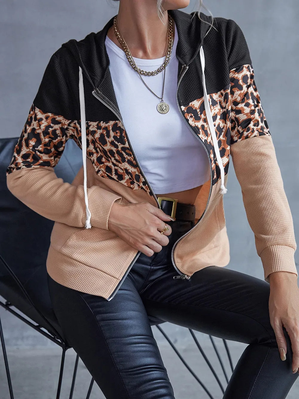 Ivy Lane Drawstring Leopard Zip Up Hooded Jacket nicholesgifts
