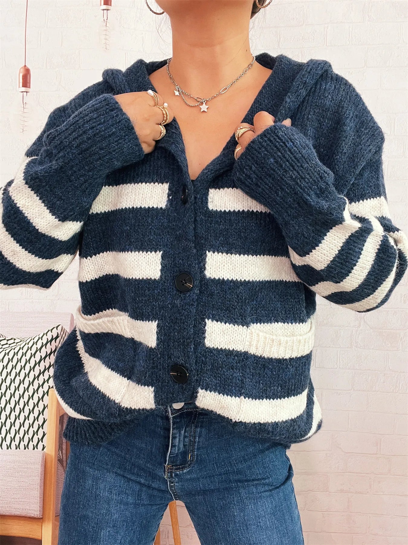 Striped Button-Up Hooded Cardigan