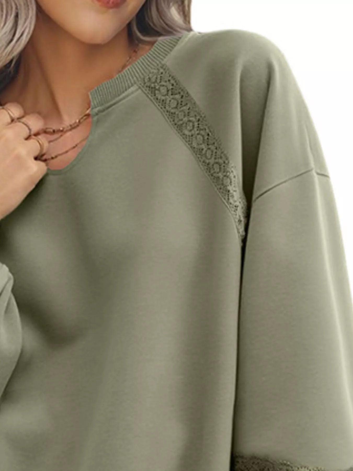 Lace Detail Notched Long Sleeve Sweatshirt Trendsi