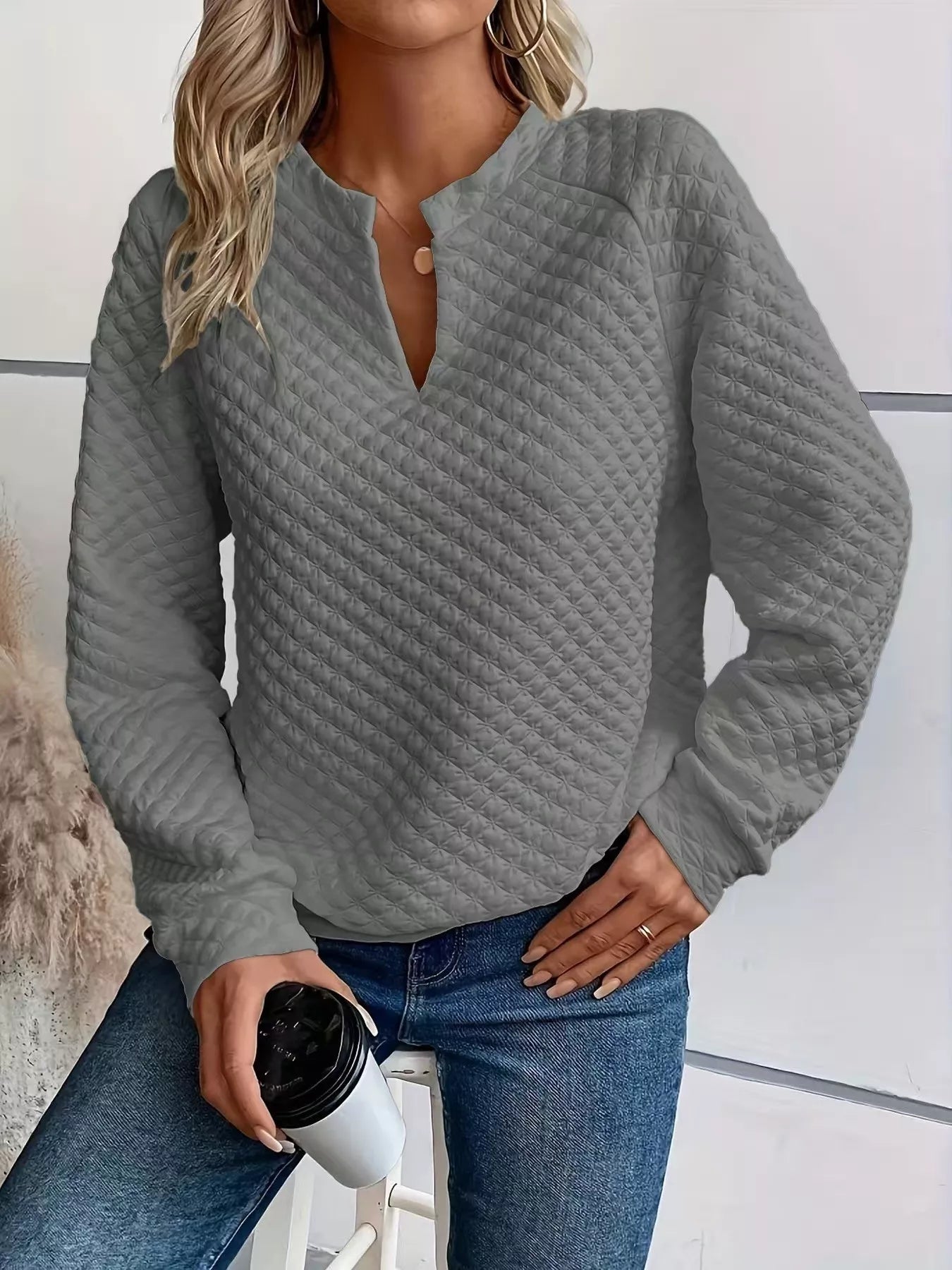 Notched Raglan Sleeve Sweatshirt Trendsi
