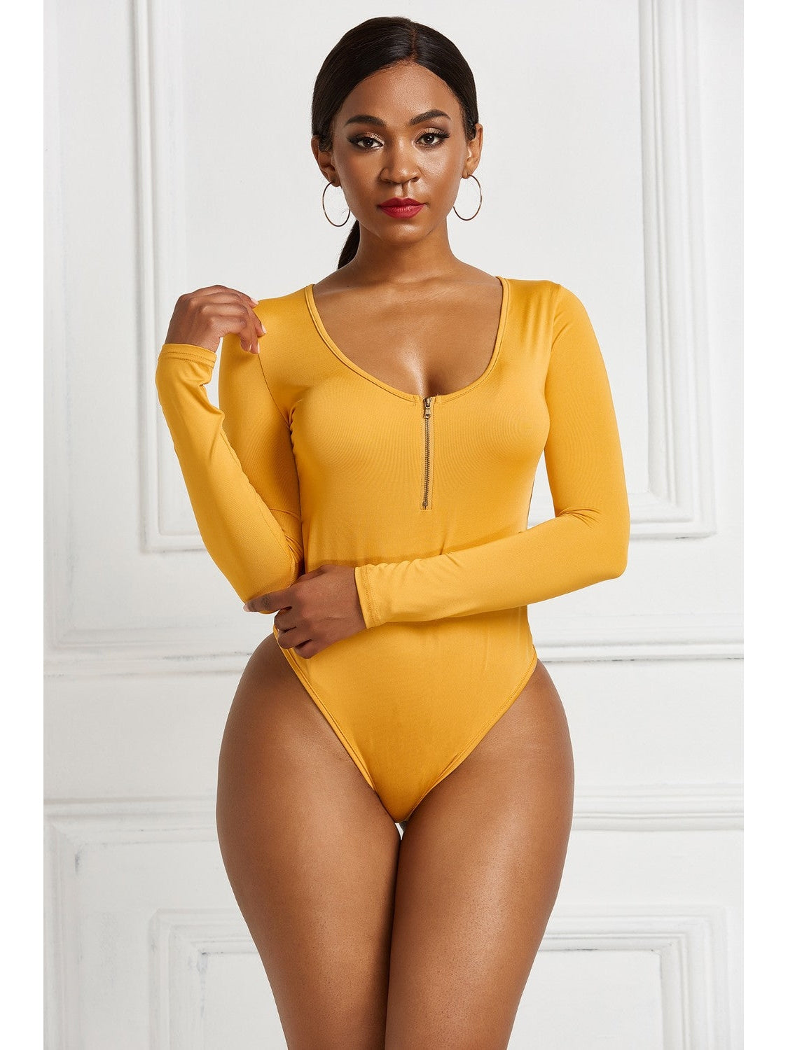 Women Half Zip Scoop Neck Long Sleeve Bodysuit nicholesgifts