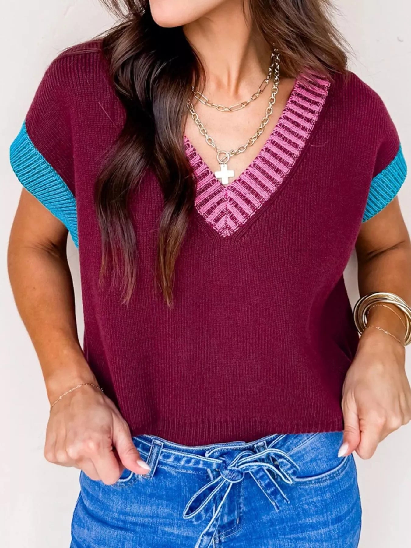 Contrast Trim V-Neck Sweater Vest nicholesgifts
