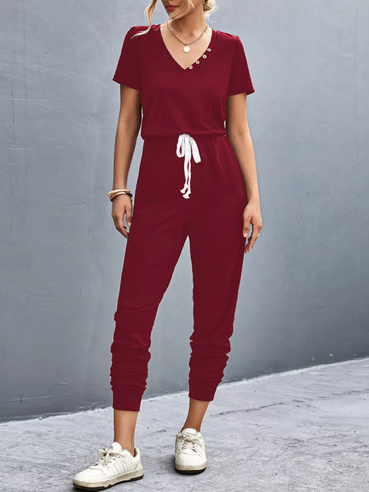 Casual V-Neck Short Sleeve Drawstring Waist Jumpsuit nicholesgifts