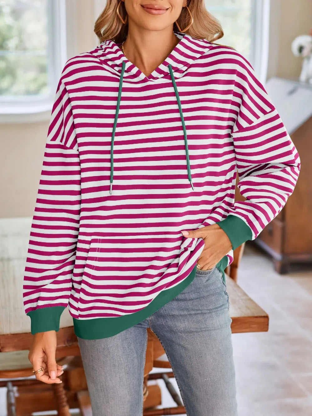 Lovelet Drawstring Striped Long Sleeve Hoodie Trendsi