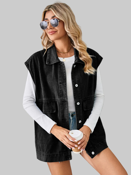 Pocketed Button Up Sleeveless Denim Jacket nicholesgifts