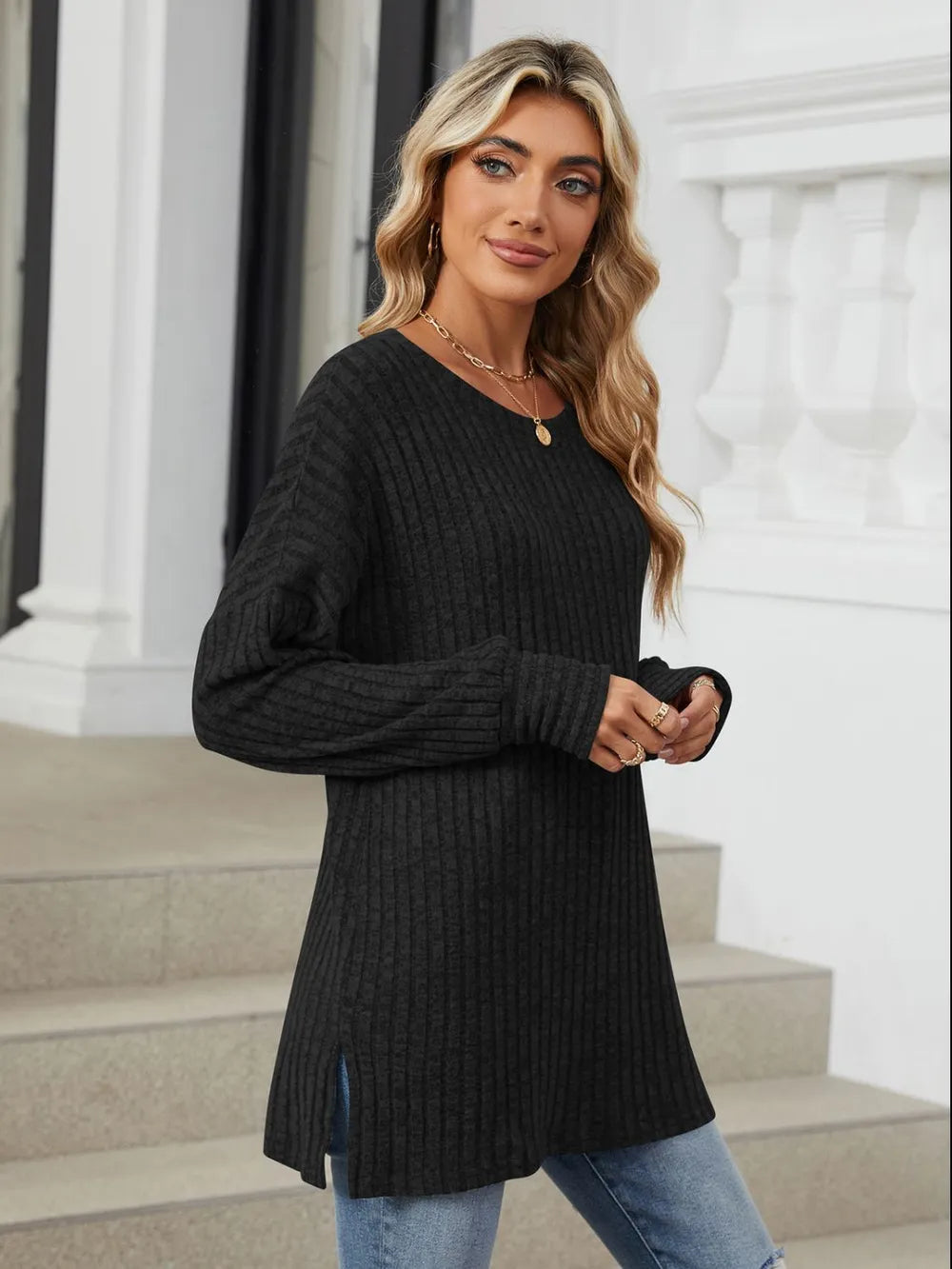 Ribbed Round Neck Long Sleeve T-Shirt NicholesGifts