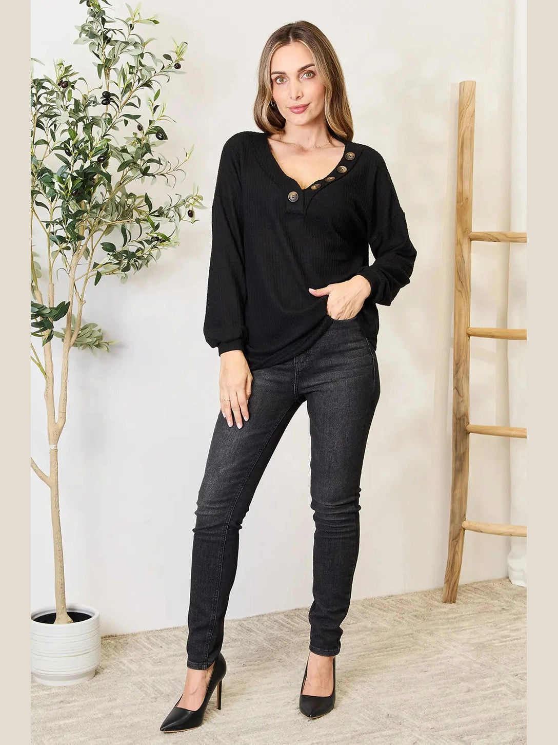 Zenana Buttoned Long Sleeve Blouse nicholesgifts