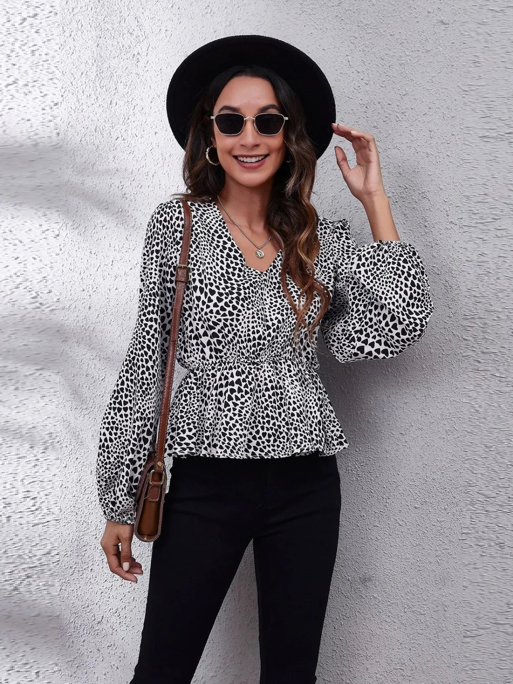 Ruched Printed V-Neck Long Sleeve Blouse nicholesgifts