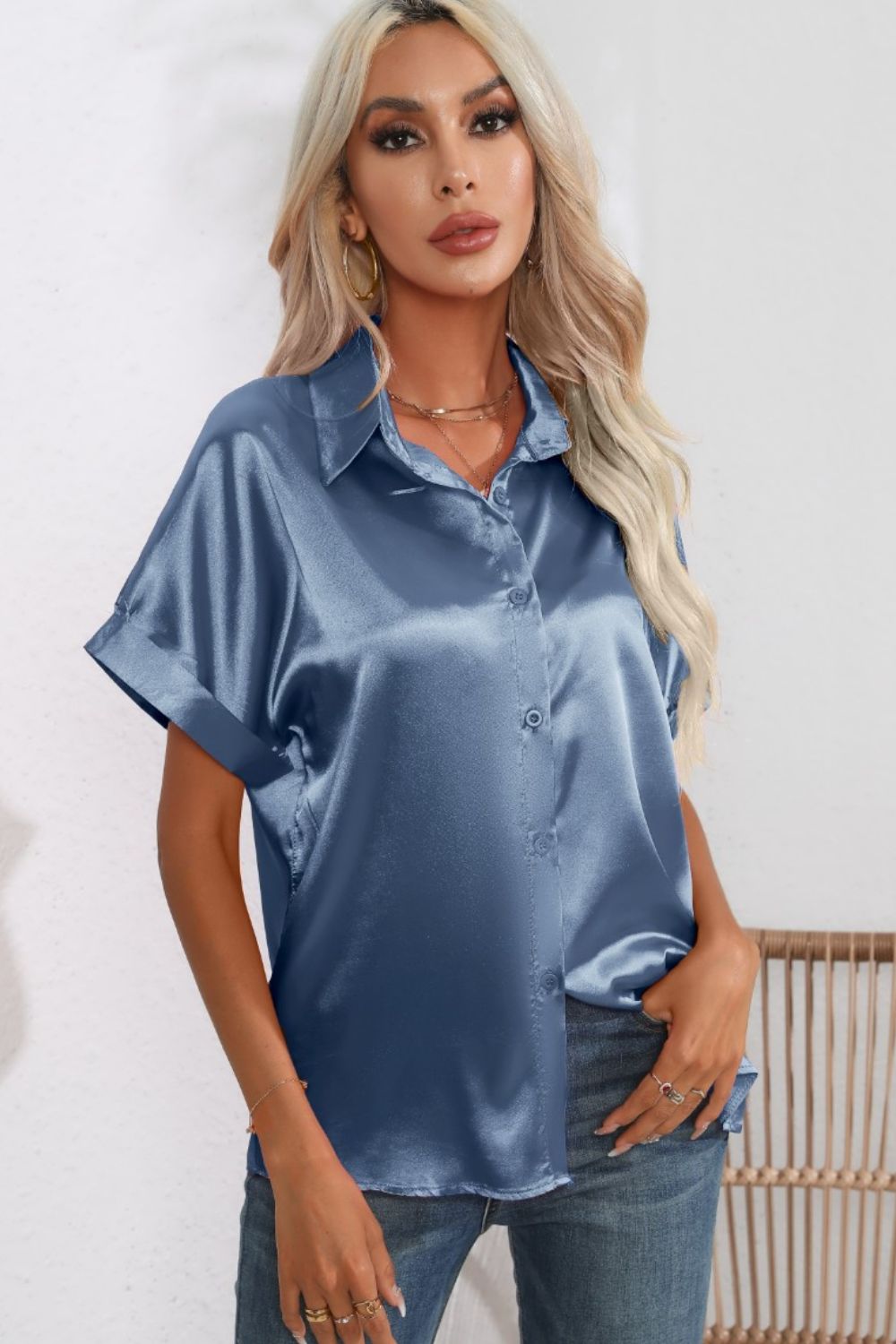 Women Collared Neck Short Sleeve Shirt nicholesgifts