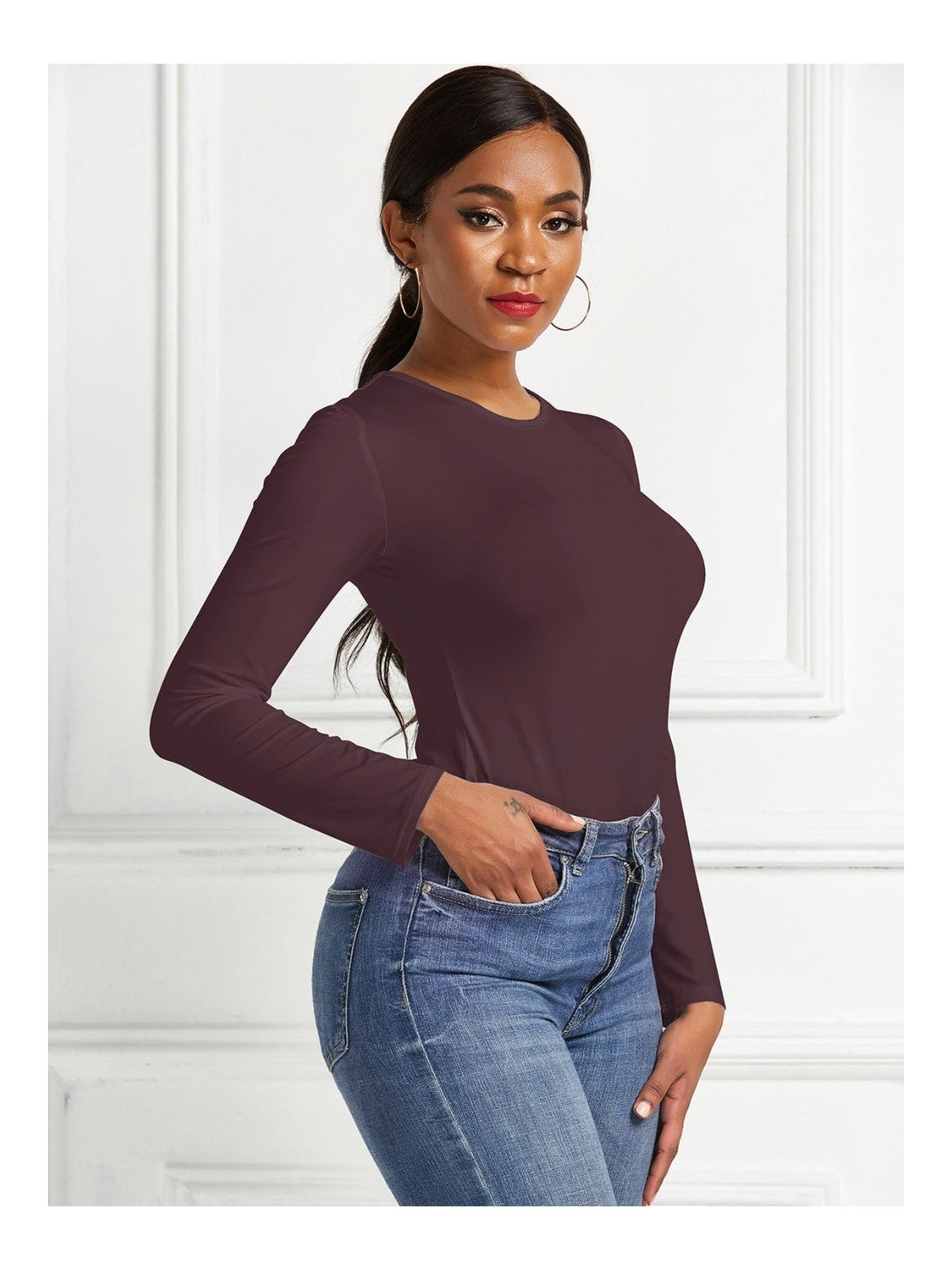 Women Round Neck Long Sleeve Bodysuit nicholesgifts