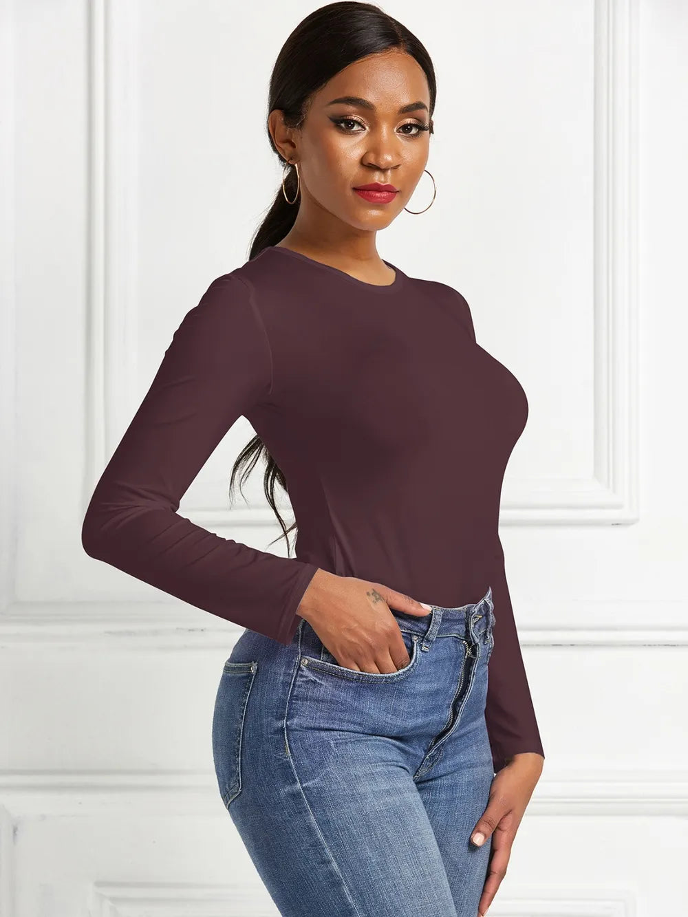 Round Neck Long Sleeve Bodysuit nicholesgifts
