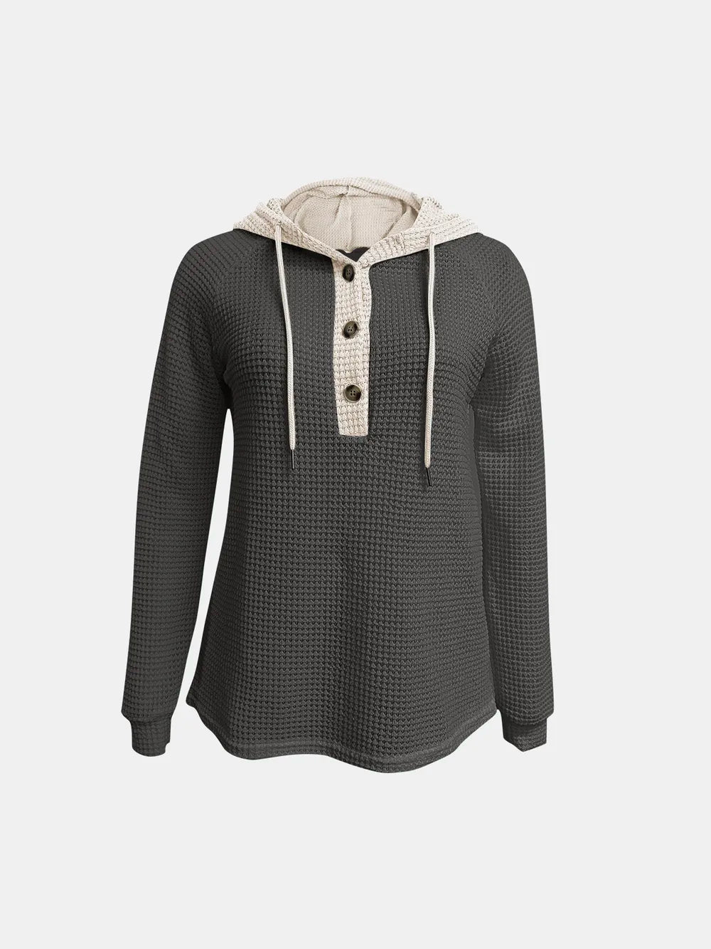 Full Size Waffle-Knit Contrast Long Sleeve Hoodie Trendsi
