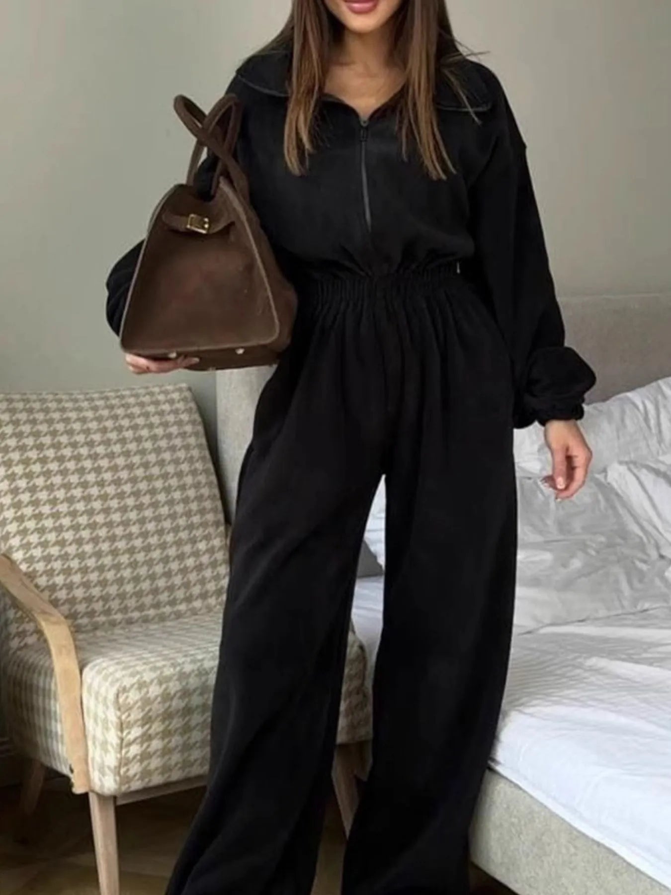 Zip Front Long Sleeve Jumpsuit nicholesgifts