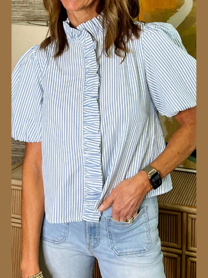 Striped Ruffle Short Bubble Sleeve Shirt nicholesgifts