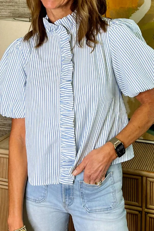 Striped Ruffle Short Bubble Sleeve Shirt Trendsi