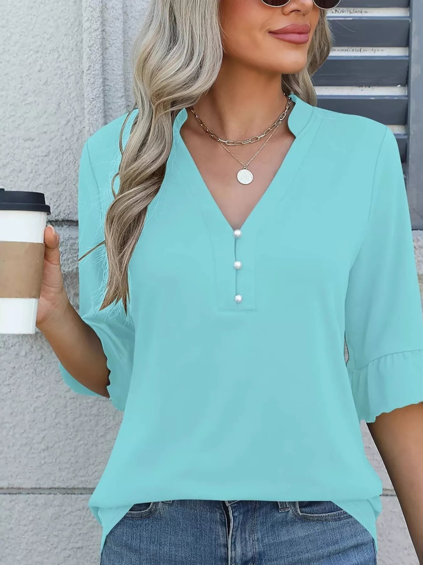 Full Size Notched Flounce Sleeve Blouse Plus Size Trendsi
