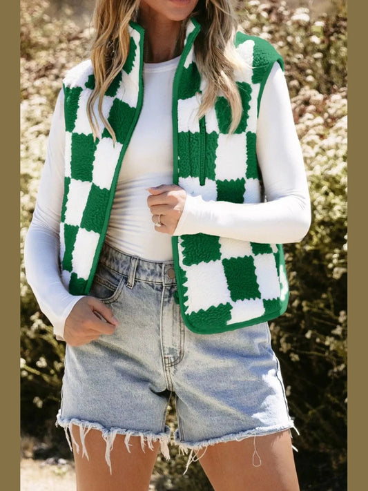 Checkerboard Fleece Sherpa Vest Coat Trendsi