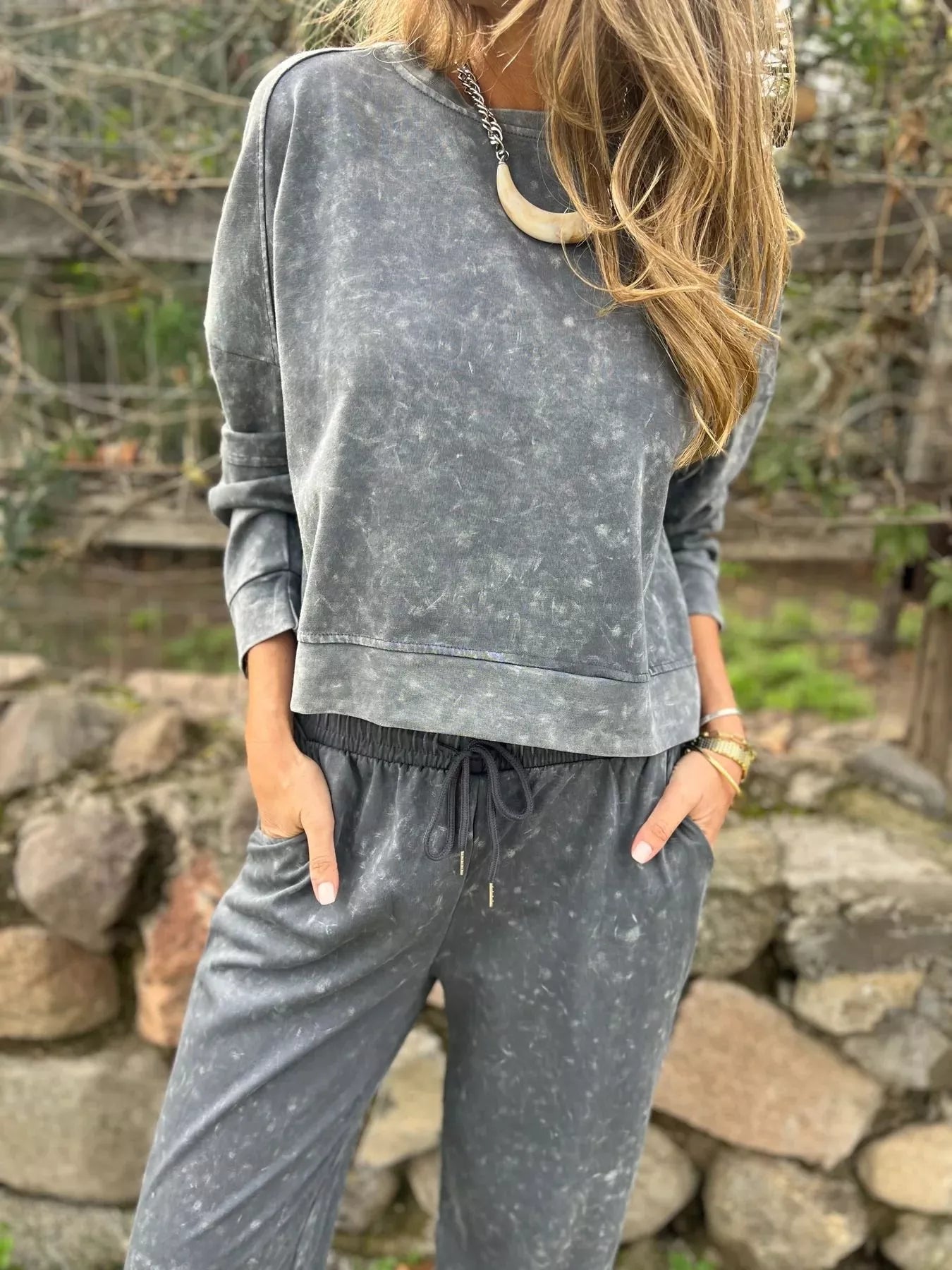 Full Size Washed Round Neck Top and Drawstring Pants Set Plus Size nicholesgifts