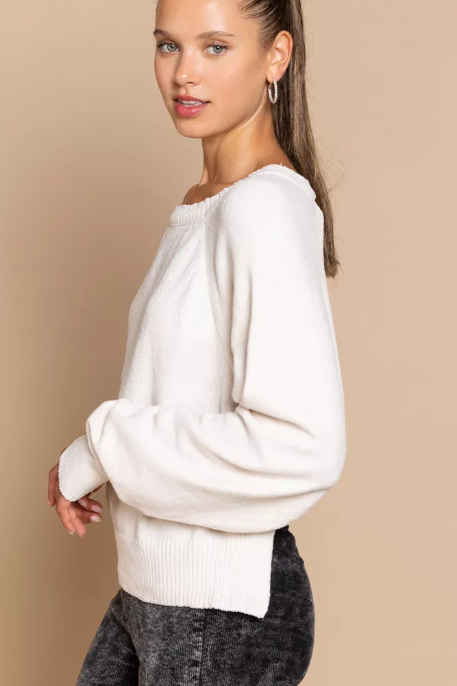 Women Round Neck Backless Sweater with Ribbed Edge