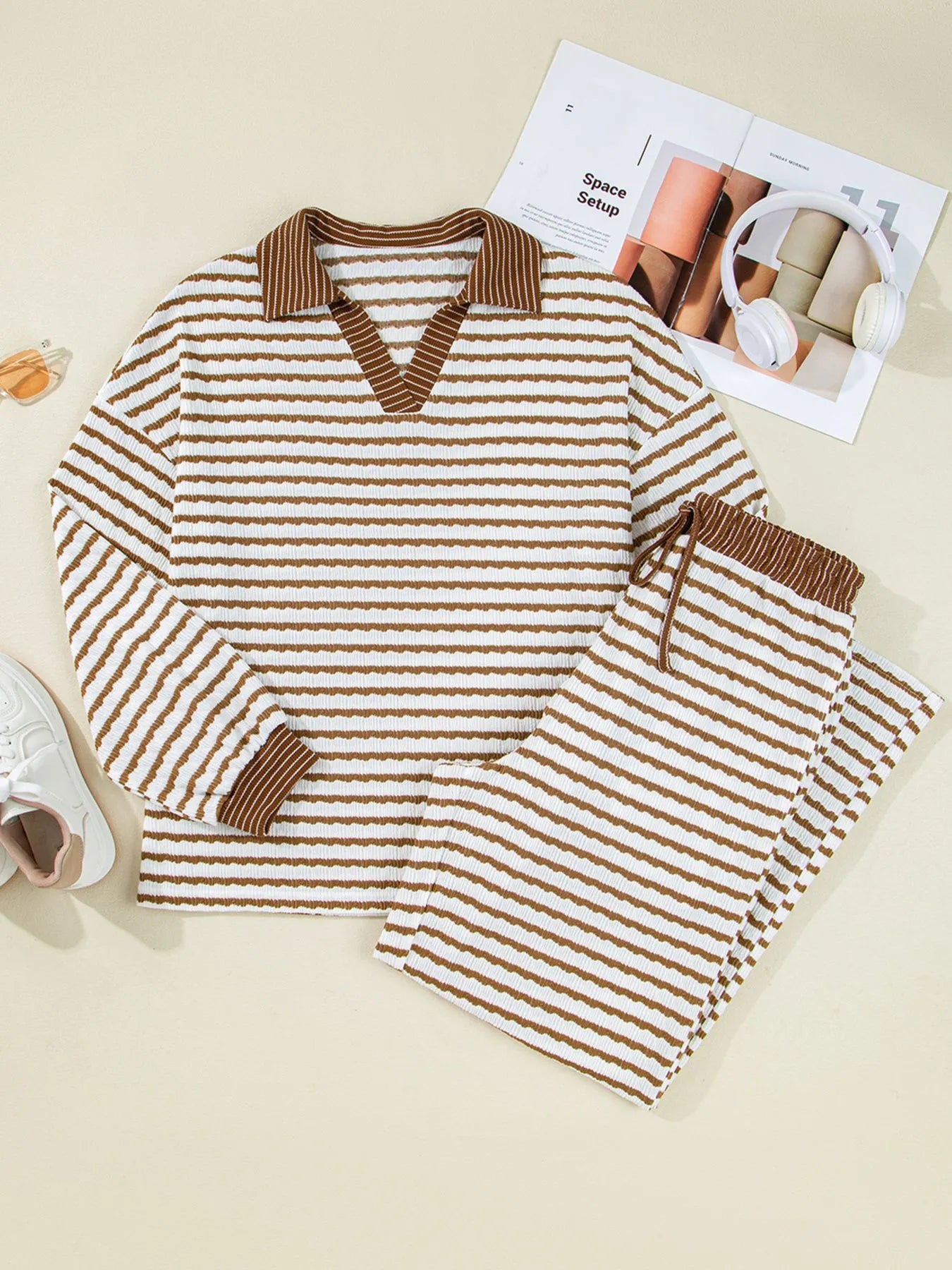 Stripe Collared Top and Drawstring Pant Set Trendsi