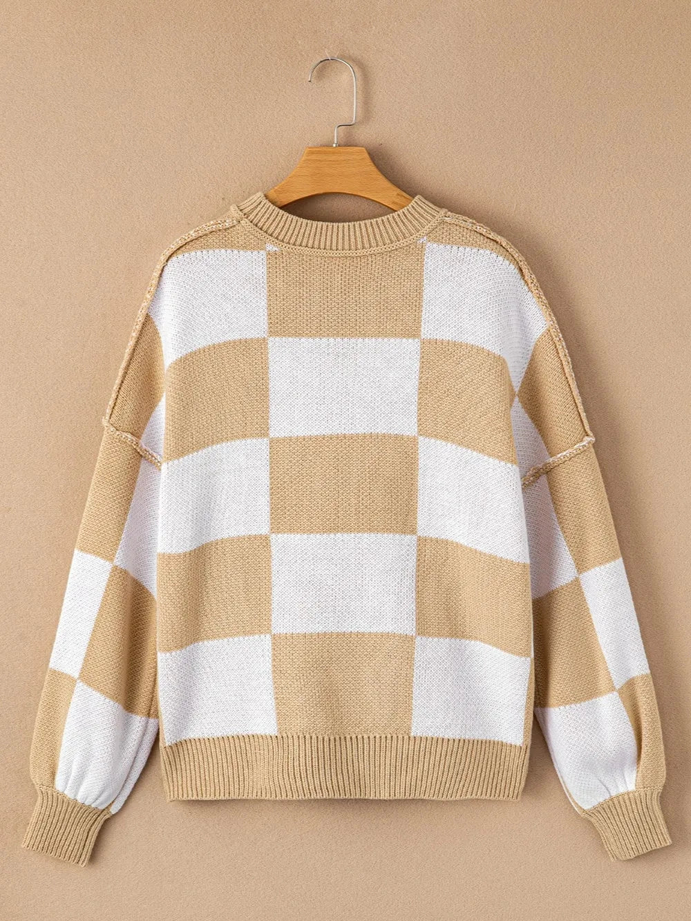 Checkered Exposed Seam Drooped Shoulder Sweater nicholesgifts