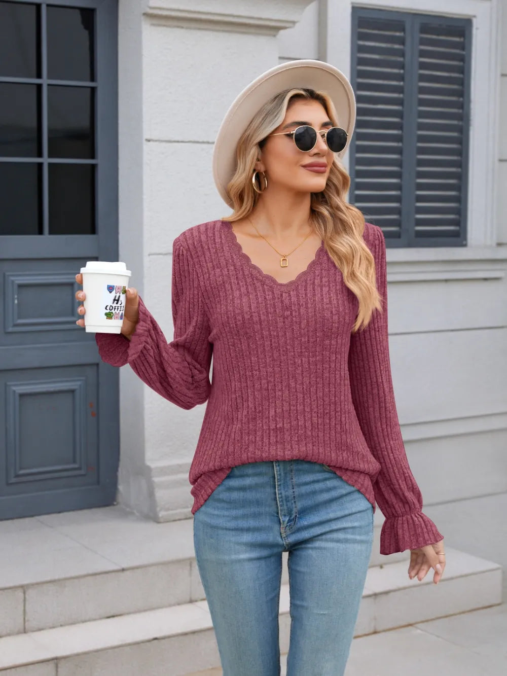 Lace Detail V-Neck Long Sleeve T-Shirt NicholesGifts