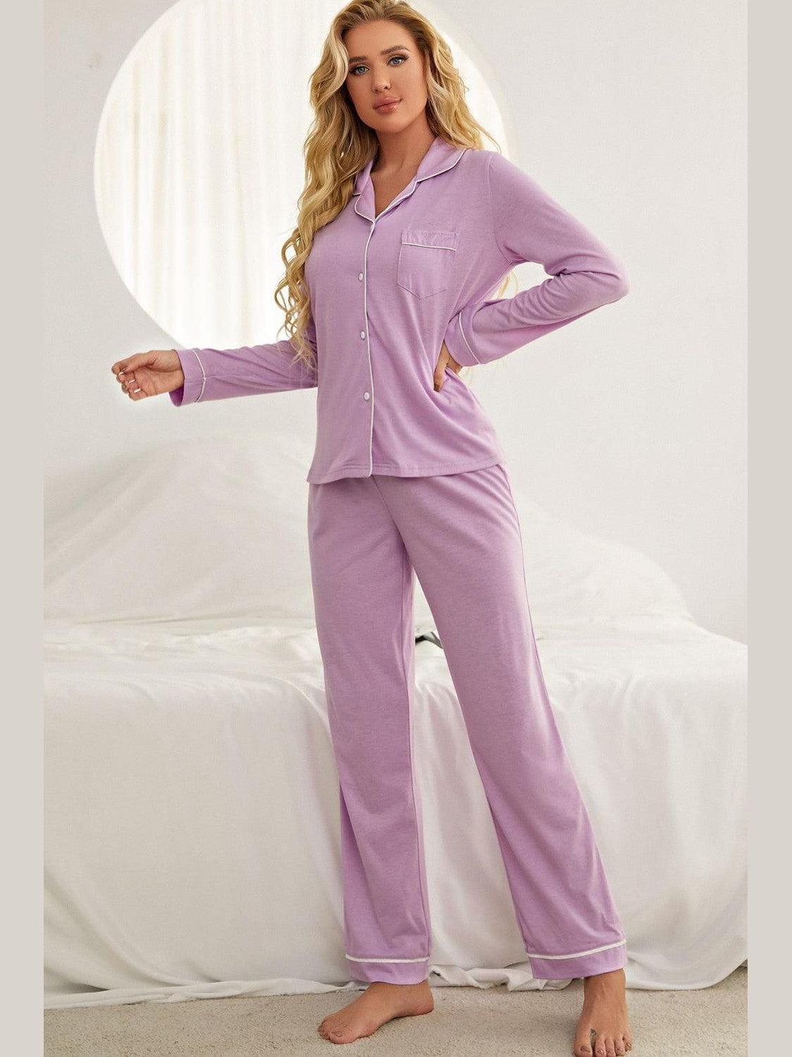 Contrast Piping Button Down Top and Pants Loungewear Set nicholesgifts